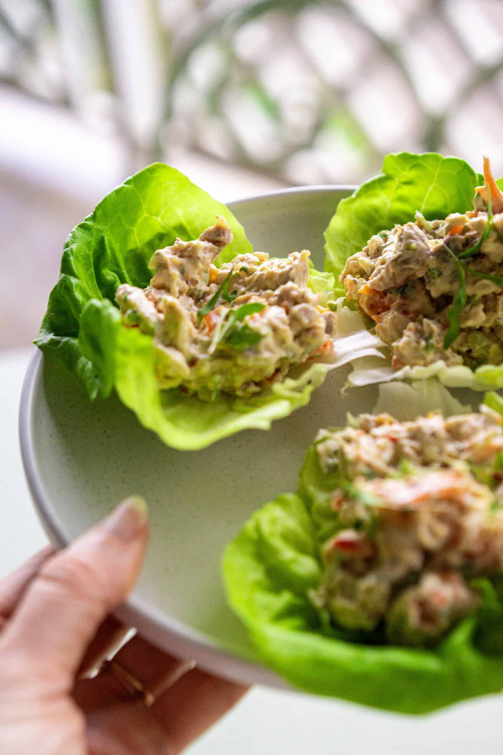 high protein chicken salad filled lettuce cups with hand