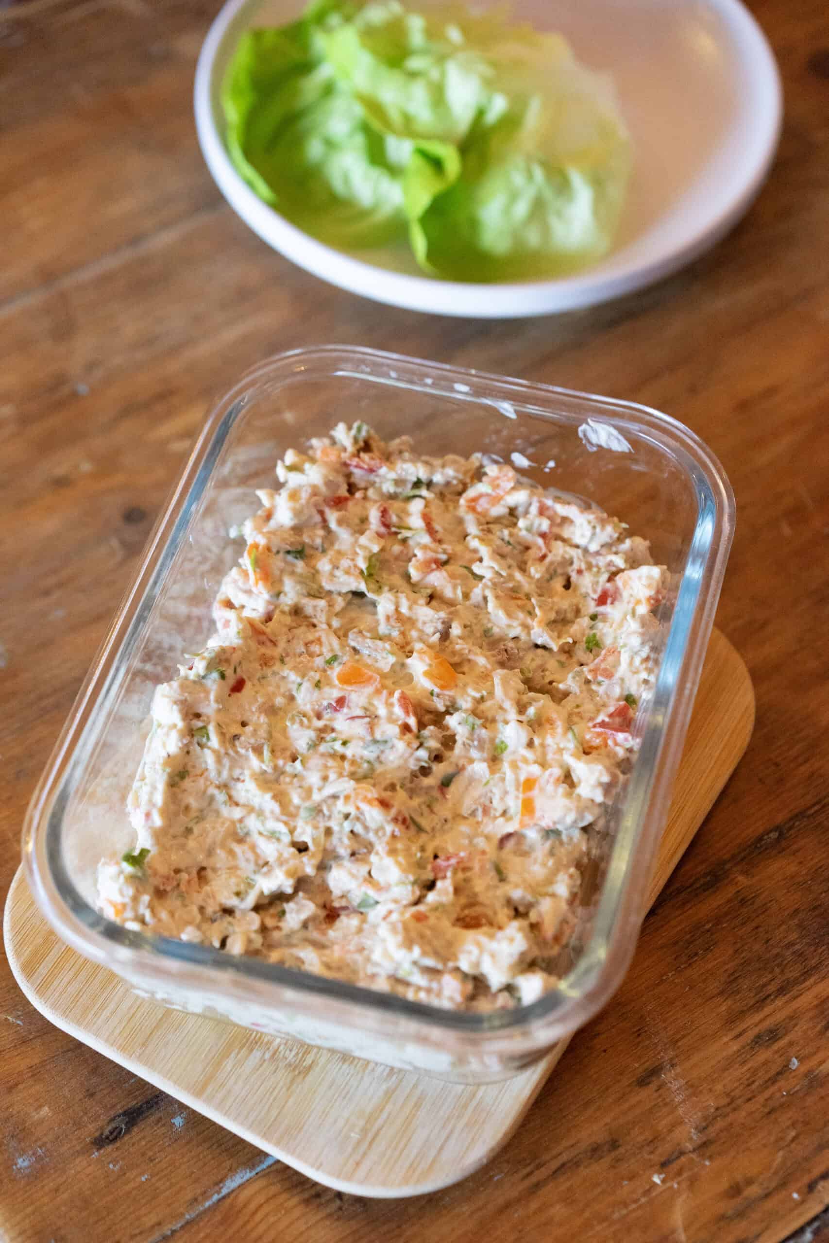 meal prep container with high protein chicken salad